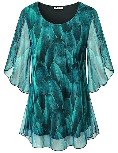 SeSe Code Plus Size Chiffon Tops for Women Flutter Sleeve Crew Neck Shirts Formal Cute Top Summer Blouses for Women Work Professional Tunic Loose Fitting Green 3XL