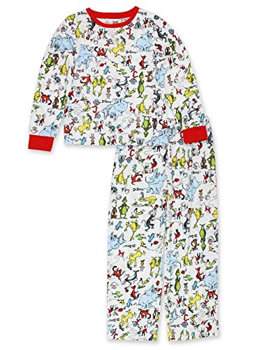 Dr. Seuss The Grinch Cat in the Hat Kids Unisex Long Sleeve 2-Piece Pajamas Set (4, White/Multi)