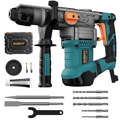 GLORITY 1-1/4 Inch SDS-Plus 13 Amp Heavy Duty Rotary Hammer Drill with Safety Clutch 4 Functions and Variable Speed, Including Chisels and Drill Bits
