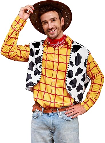 Arvilhill Men's Cow Printed Vest Halloween Woody Costume Adult Cardigan Cowboy Waistcoat XL