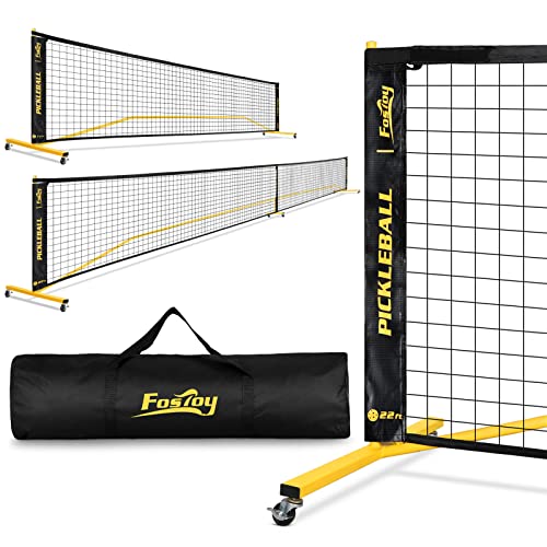 Fostoy Portable Pickleball Net with Wheels, Regulation Size 22 FT & Half Court 11 FT, Steady Metal Frame for Backyards, Driveways, and Garages (Black&Yellow)