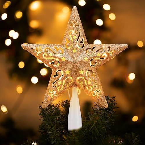 Christmas Star Tree Topper Lighted 8” Hollowed 3D Pentagram Built-in 10 Bulbs Silver Coated Star Treetop Plug in (4 Bulbs & 2 Fuses Spare) for Christmas Decorations Clear Light