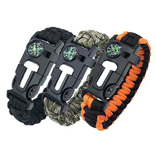 DIHAIMI Paracord Survival Bracelet (3 Pieces), Practical Five Functions, Fire Starter, Loud Whistle, Reliable Compass, Rope Cutter, Reliable Paracord, Black & Camo & Orange+Black