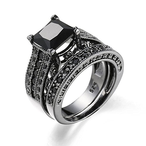 Bokeley Valentine's Day Rings Gift, 2-in-1 Womens Vintage White Diamond Silver Engagement Wedding Band Ring Set(Black,9)