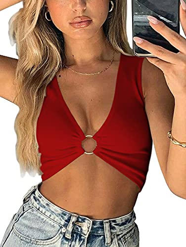 AEVZIV Sexy Crop Tops for Women Sleeveless Deep V Neck Workout Tops Plunge Ring Cleavage Cropped Tank Top Red S