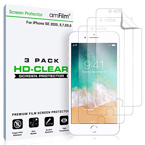 amFilm Screen Protector for Apple iPhone SE 2 (2020 2nd)/ SE 3 (2022 3rd), iPhone 8，7, 6S and 6 HD Clear, Flex Film, Case Friendly, PET Film, 3 Pack