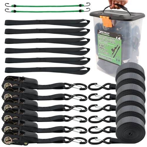 XSTRAP STANDARD Ratchet Tie Down Straps - 6 Pack 1' x 15' - 1890 lbs Breaking Strength, Safety Lock S Hooks, with 6 Soft Loops, 2 Bungee Cords, Logistic Cargo Straps for Moving Appliances, Motorcycle