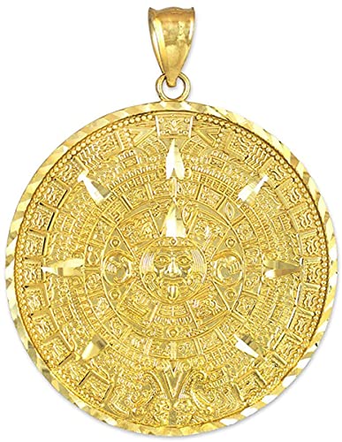 14K Yellow Gold Round Aztec Mayan Calendar Charm Pendant - 40.64 Millimeters
