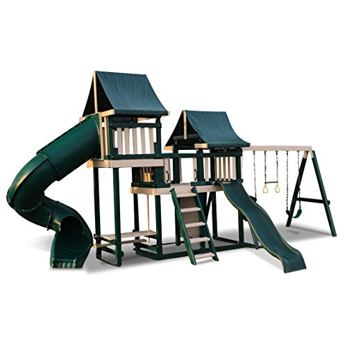 Monkey Playsystem #3 with Swing Beam, Wave Slide, and Turbo Slide | Green and Sand | Low Maintenance Play Set | Made in The USA | Polymer Coated Playset | Ready-to-Assemble Swing Set
