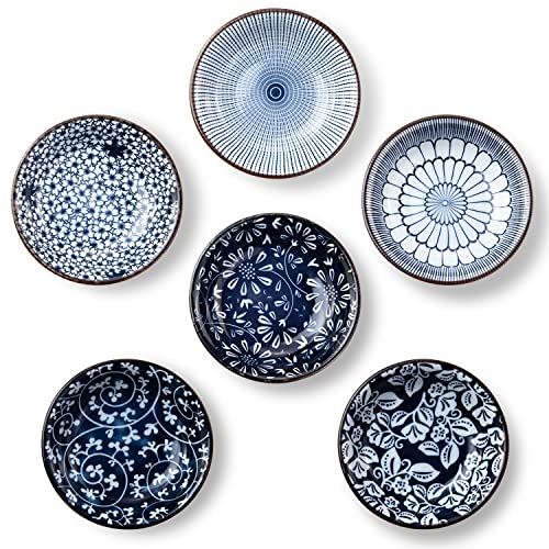 Eisinly Dipping Bowls, Soy Sauce Dish Ceramic, 3 OZ Small Serving Bowls for Side Dishes Vintage Blue Stylish Design, Set of 6 Mini Appetizer Plates for Condiment Sushi Ketchup BBQ Party, 4 Inch