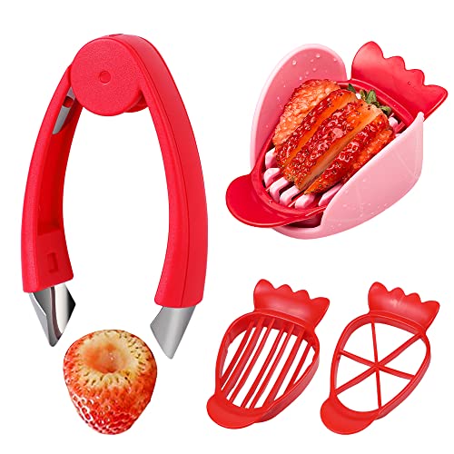 Strawberry Huller and Strawberry Slicer Set, Corer Cutter Stem Remover Platter Fruit Plate Cake Dicing Kitchen DIY Tool Gadgets