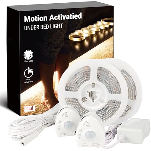 illumiForce Under Bed Lights Motion Sensor, Motion Activated Bed Lighting,12V Power Adapter, 2 x 5FT Dimmable LED Strip Night Light for Bedroom,Stairs,Crib,Cabinet,Warm White-Dual Kit