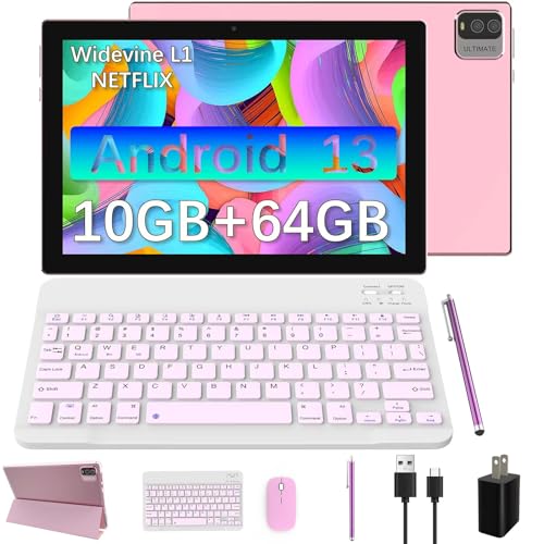 2 in 1 Tablet, 10 inch Android 13 Tablet with Keyboard, 10GB+64GB+512GB Expand Dual Camera, IPS Touch Screen Tablet Computer, WiFi, Bluetooth, Long Battery Life, Google Certified Tablet PC, Pink