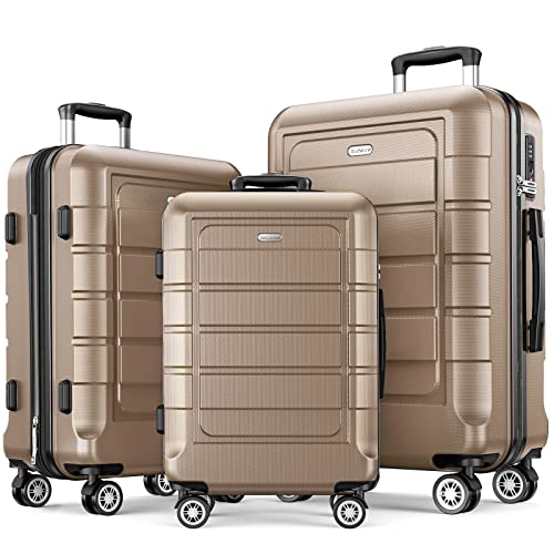 SHOWKOO Luggage Sets Expandable PC+ABS Durable Suitcase Double Wheels TSA Lock 3pcs, Champagne