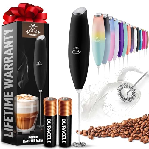 Zulay Kitchen Duracell Powered Milk Frother Wand Drink Mixer - Durable, Proprietary Z Motor Max - Handheld Frother Electric Whisk, Milk Foamer, Mini Blender and Electric Mixer Coffee Frother - Black