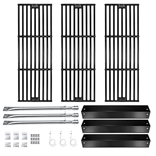 Hisencn Replacement Parts for Chargriller 3001, 3008, 3030, 4000, 5050, 5252 Gas Grill Models, Stainless Steel Burner, Porcelain Steel Heat Plate, Porcelain Cast Iron Cooking Grid Grates
