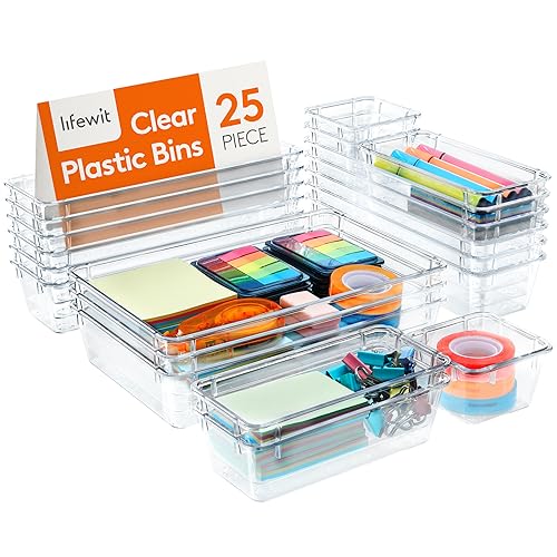 Lifewit 25 PCS Drawer Organizer Set Clear Plastic Desk Drawer Dividers Trays Dresser Storage Bins Separation Box for Makeup, Jewelries and Gadgets, Bedroom, Bathroom, Office