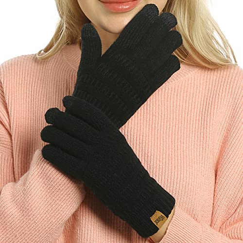 ViGrace Womens Winter Touchscreen Gloves Cable Knit Warm Lined 3 Fingers Dual-layer Touch Screen Texting Thermal Glove for Women