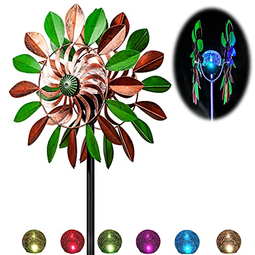 Solar Wind Spinner Orchid Multi-Color Seasonal LED Lighting, Solar Powered Glass Ball with Kinetic Wind Spinner Dual Direction for Patio Lawn & Garden