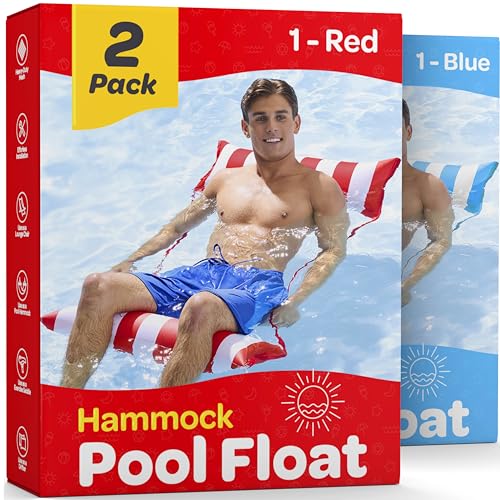 Pool Floats for Adults [2 Pack] Multi-Purpose Hammock Pool Float: Saddle, Lounge Chair, Hammock, Drifter - Water Hammock for Adults in Swimming Pools -Blue/Red Fun Colors Pool Float Lounger(44' X 26')