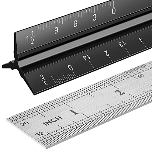 Architectural Scale Ruler Set, 2 Pack 12 Inch Aluminum Architect Ruler with Standard Metal Ruler, Imperial Architect Triangular Ruler with Etching for Architects, Engineers, Students and Draftsman