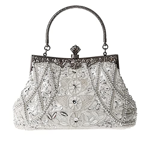 DA BODAN Women's Evening Bag Vintage Beaded Sequin Pearl Clutch Handbag Shoulder Bag Purses for Wedding Bridal Prom Party (Silver)