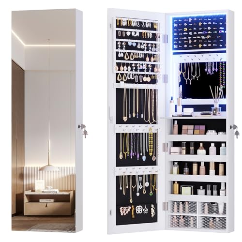 Vlsrka 47.2' LED Jewelry Mirror Cabinet, Wall/Door Mounted Jewelry Armoire Organizer with Full-Length Mirror, Large Capacity Storage Hanging Cabinet, 4 Drawers, 5 Shelves, Built-in Lighted Mirror