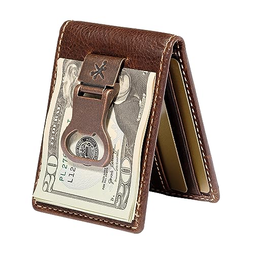 HOJ Co. Bottle Opener Bifold Money Clip Wallet | Front Pocket Wallet | Novelty Bifold with Money Clip | Full Grain Leather