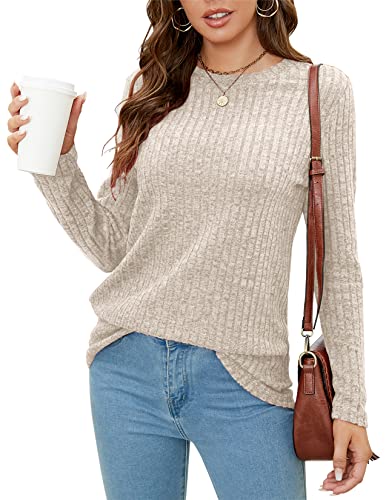 SimpleFun Womens Long Sleeve Tops Dressy Casual Fall Light Sweaters Solid Layering Shirts (Cream,S)