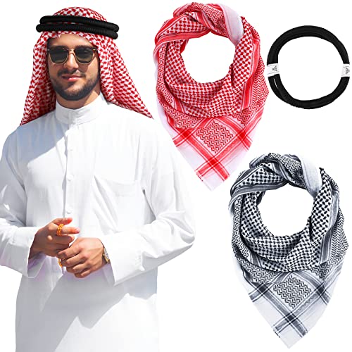 Bokon Arab Shemagh with Aqel Rope Muslim Kafiya Keffiyeh Middle Eastern Head Wrap Tactical Desert Head Neck Scarf Wrap Middle Eastern Scarf Headwear Arabic Costume for Men, 55 x 55 Inch, 2 Patterns