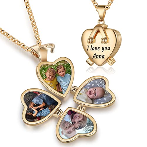 Nobelook Personalized Love Heart Locket Necklace That Holds 4 Photos Customizable Pendant Charms For Women Gold Plated Vintage Necklace for Mother Girls Christmas Birthday Gift Chain Length 31.49' Adjustable (Gold - Custom Text)
