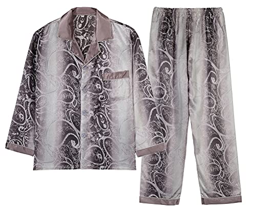 Respeedime Men Ice Silk Pajamas Spring and Autumn Long Sleeve Two Piece Sleep Set Thin Home Service Sleepwear M, Flower M671