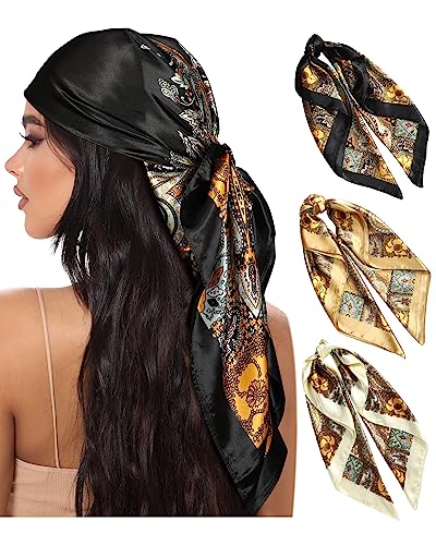 AWAYTR 35” Large Square Satin Head Scarf - 3Pcs Hair Scarves Bandana Beach Silk Feeling Headscarf for Women Hair
