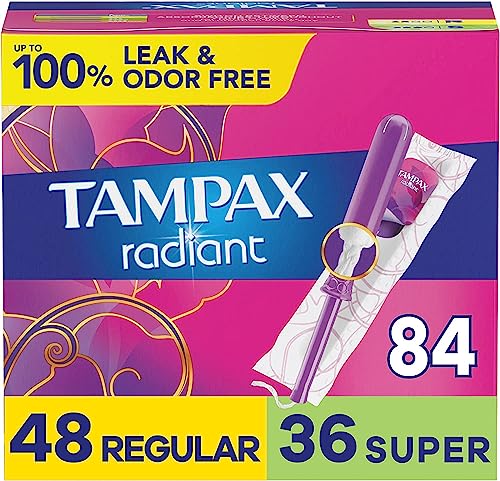 Tampax Radiant Tampons Multipack, Regular/Super Absorbency, with Leakguard Braid, Unscented, 28 Count x 3 Packs (84 Count Total)