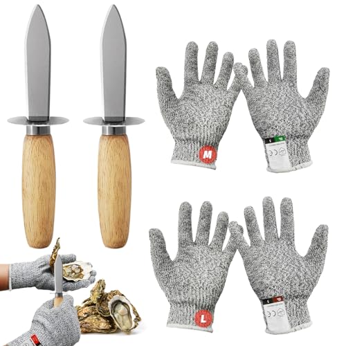 6pcs Oyster Shucking Knife Gloves Set,2pcs Stainless Steel Oyster Knives with Wooden Handle,2 Pairs Level 5 Cut Resistant Protection Gloves M&L,Knife Shucker for Seafood Oysters Clam Shell Shucking