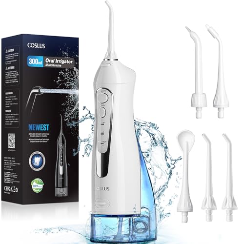 COSLUS Water Dental Flosser Teeth Pick: Portable Cordless Oral Irrigator 300ML Rechargeable Travel Irrigation Cleaner IPX7 Waterproof Electric Waterflosser Flossing Machine for Teeth Cleaning F5020E