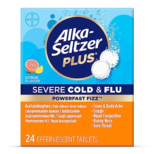 ALKA-SELTZER PLUS Severe, Cold & Flu Medicine, Citrus Effervescent Tablets, Nasal & Sinus Congestion, Sneezing, Runny Nose, Cough, Sore Throat 24 Count, Packaging May Vary