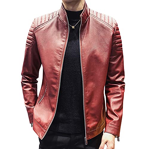 Womleys Mens Casual Stand Collar Slim Fit Faux Leather Jacket Biker Motorcycle Jacket (X-Red, Small)