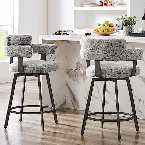 FERFALDER Counter Height Bar Stools with Full Back-Swivel Bar Chairs Modern Barstools set of 2 with Linen Padded Back,Metal Footrest for Island Kitchen Dining Living Room,Grey 24 inch