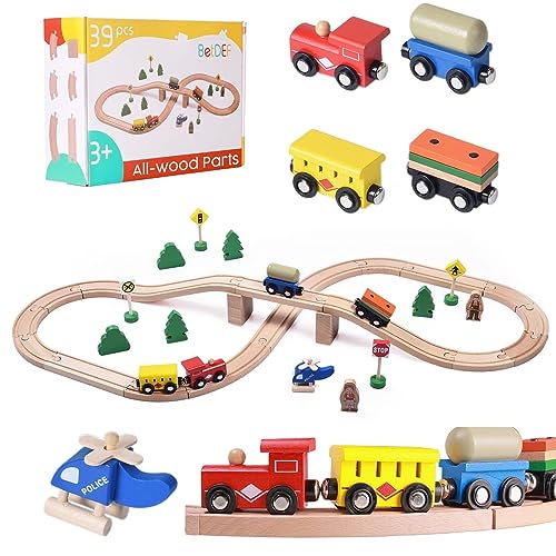 BetDEF Wooden Train Set,39 Pcs-with All-Wood Train Tracks with Double Sided Wooden Tracks and Color Box for 3+ Year Old Boys and Girls Toddler-Fits Thomas Brio Melissa and Doug… (39PC)