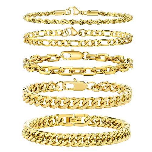 5PCS Gold Bracelet for Women Trendy, 18k Real Gold Plated Gold Jewelry Simple Chunky Stackable Stainless Steel Rope/Figaro/Paperclip/Cuban Chain Link Bracelets Set for Teen Girls Gifts for Her Friends