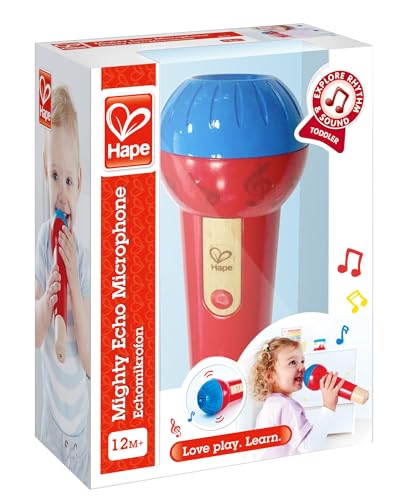 Hape Mighty Echo Microphone | Battery-Free Voice Amplifying Microphone Toy for Kids 1 Year & Up, Red, Model Number: E0337, L: 3.1, W: 3.1, H: 8.6 inch