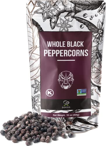 Soeos Black Peppercorns, 16oz (Pack of 1), Non-GMO, Kosher, Packed to Keep Peppers Fresh, Peppercorn for Grinder Refill, Whole Peppercorns