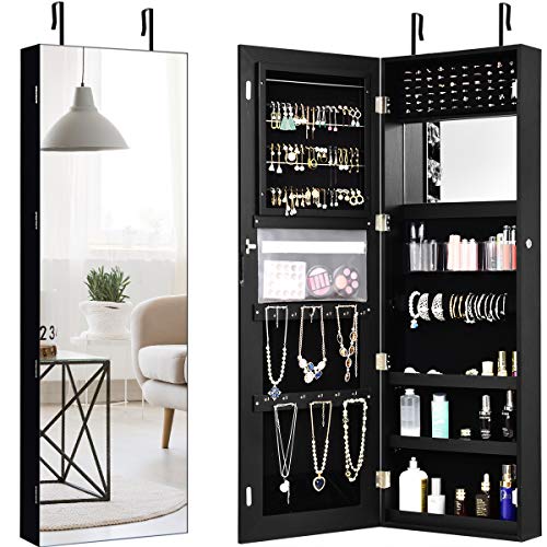 Giantex Jewelry Armoire Wall Door Mounted, Lockable Jewelry Cabinet with 47.2''H x 16''W Full Screen Mirror, Large Storage Jewelry Organizer Jewelry Box with Full Length Mirror (Black)
