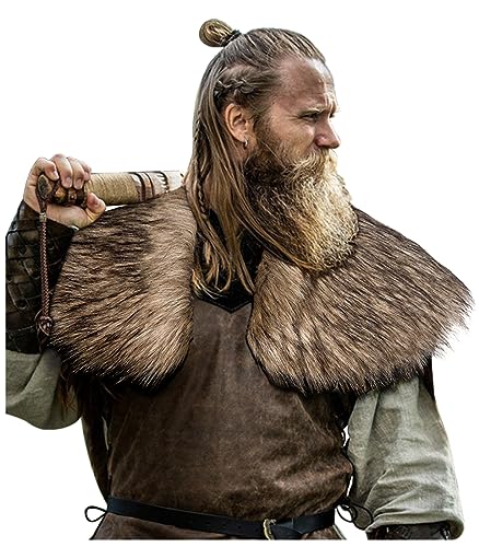 L'VOW Men's Viking Fur Collar Medieval Renaissance Wrap King Warrior Cape Shawl Halloween LARP GoT Cosplay Costume(Brown)