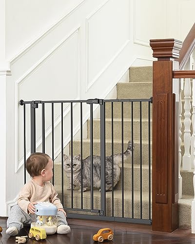 InnoTruth 28.9-42.1' Wide Baby Gate for Stairs, 30' Tall Dog Gates for Doorways Expandable One-Hand Open, Easy Walk Through Dual Lock Metal Pet Gates for Dogs, Black-Family & Mom's Choice Award Winner