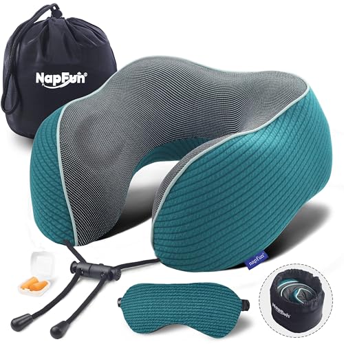 napfun Neck Pillow for Traveling, Upgraded Travel Neck Pillow for Airplane 100% Pure Memory Foam Travel Pillow for Flight Headrest Sleep, Portable Plane Accessories, Teal Set, Medium (120-200LB)