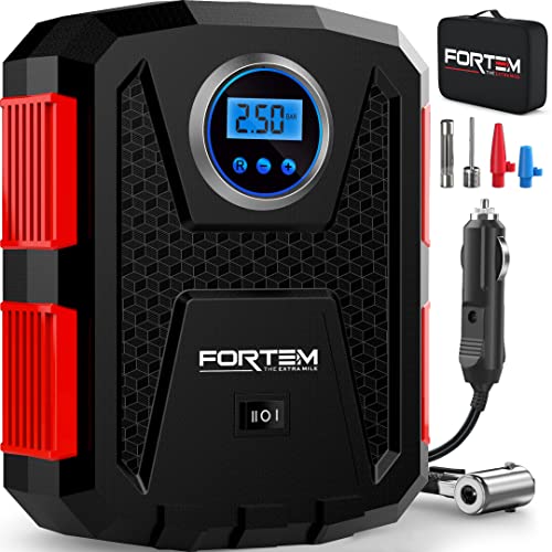 FORTEM Tire Inflator Portable Air Compressor 150 PSI, 12V Electric Bike Pump for Car Tires and Bicycles w/LED Light, Digital Tire Pressure Gauge w/Auto Pump/Shut Off, Carrying Case (Red)