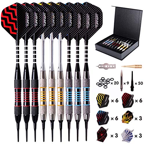Turnart Darts Plastic Tip - Professional Soft Tip Darts Set for Electronic Dartboard 9 Pcs 18 Grams with 50 Extra Tips 9 Shafts 27 Flights Tool Kit Flight Protectors and Gift Darts Case (Tungsten)