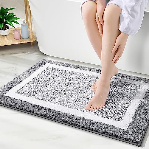 OLANLY Bathroom Rugs 24x16, Extra Soft and Absorbent Microfiber Bath Mat, Non-Slip, Machine Washable, Quick Dry Shaggy Bath Carpet, Suitable for Bathroom Floor, Tub, Shower (Grey and White)